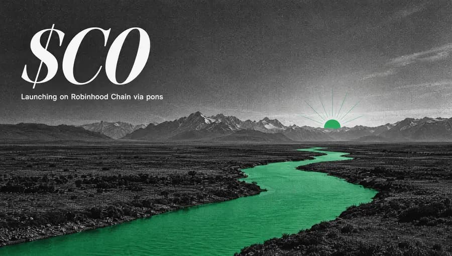 $C0 launching on Robinhood Chain via pons: a green river runs toward a rising green sun
